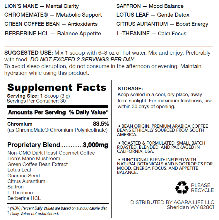 Agara Life Coffee Cafe complete Nutrition Facts, ingredients, and usage information. Agara Life Coffee Cafe complete Nutrition Facts, ingredients, and usage information.